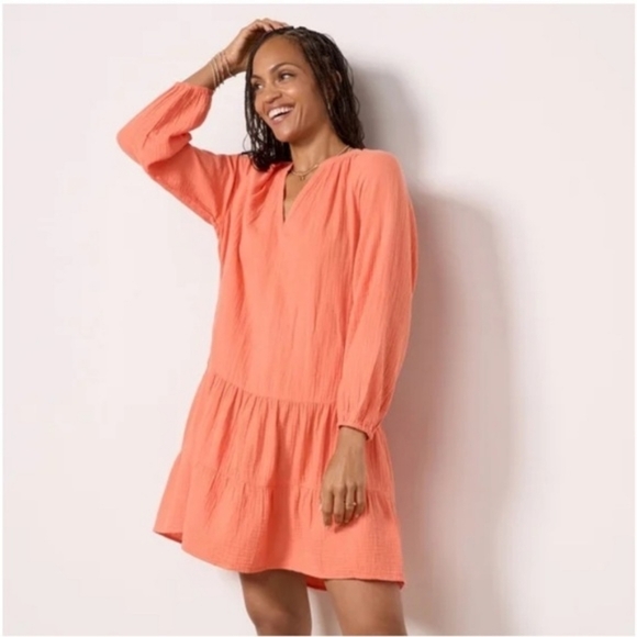 Rails Dresses & Skirts - Rails Aureta Papaya Orange Gauze Tiered V-Neck Dress Organic Cotton - Size XL